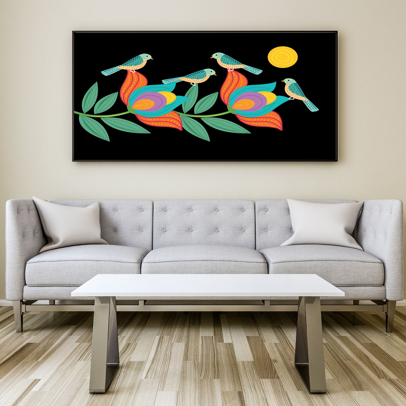 Colorful Birds & Flowers Premium Canvas Wall Painting  decorative masterpiece for home decor